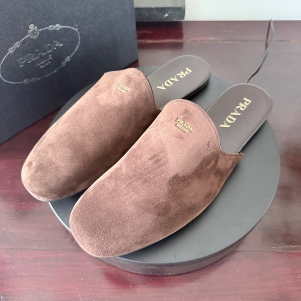Prada 2S2986 Brown Suede Mules Gold Logo Slip On Loafers Mens Shoes uk6